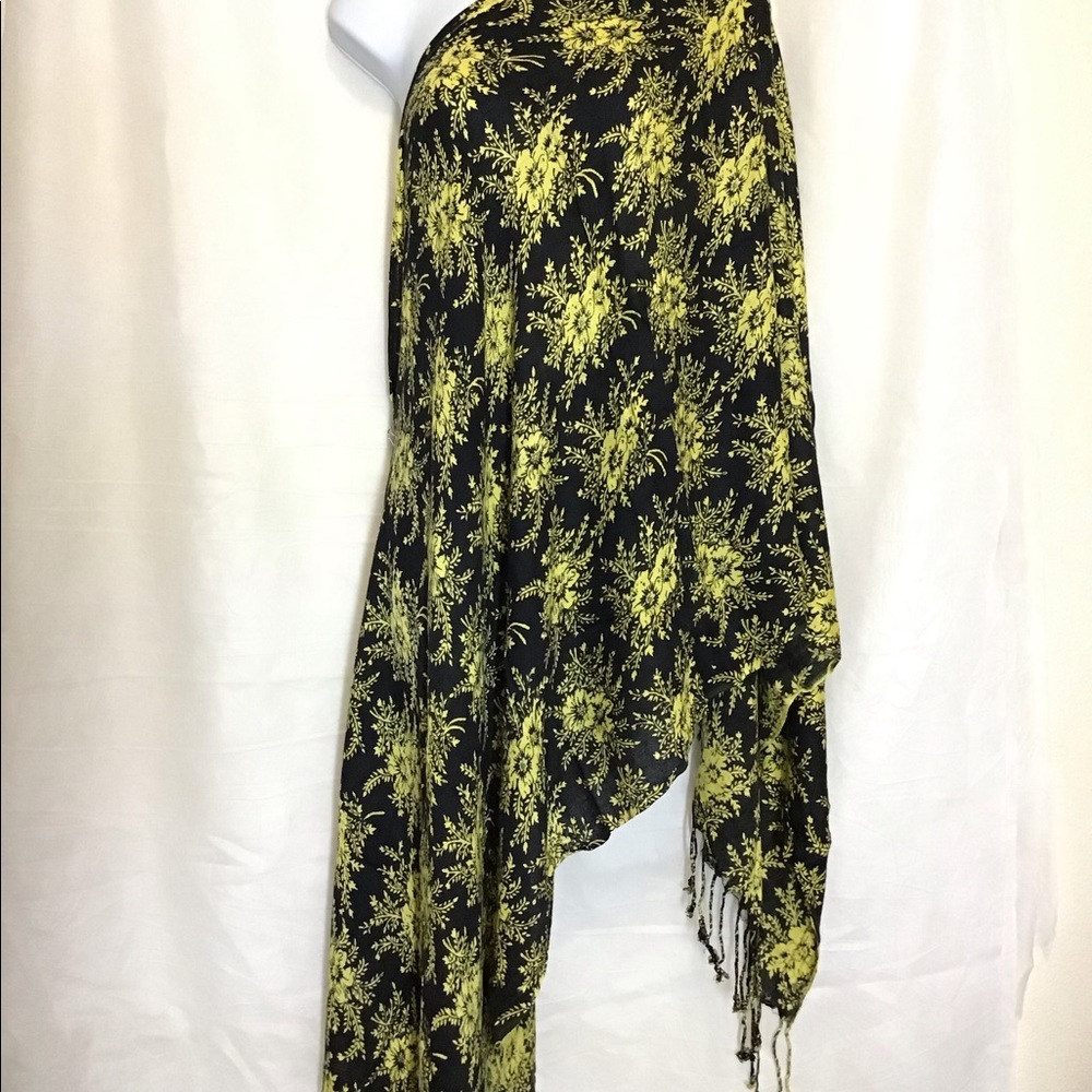 Soft Plush Yellow Black Floral scarf Wrap Fringe